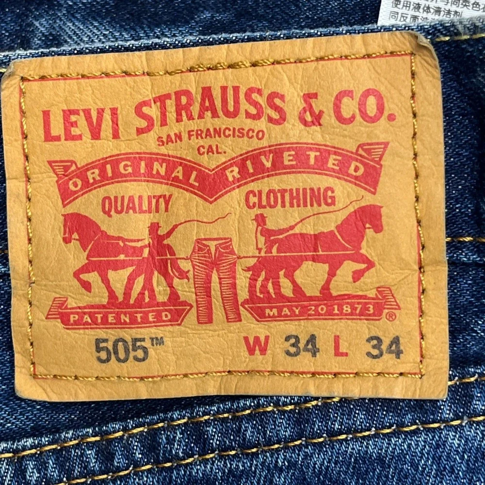Levi's 505 Straight Leg Jeans 34x34 Blue Golden Contrast Stitching Classic Fit